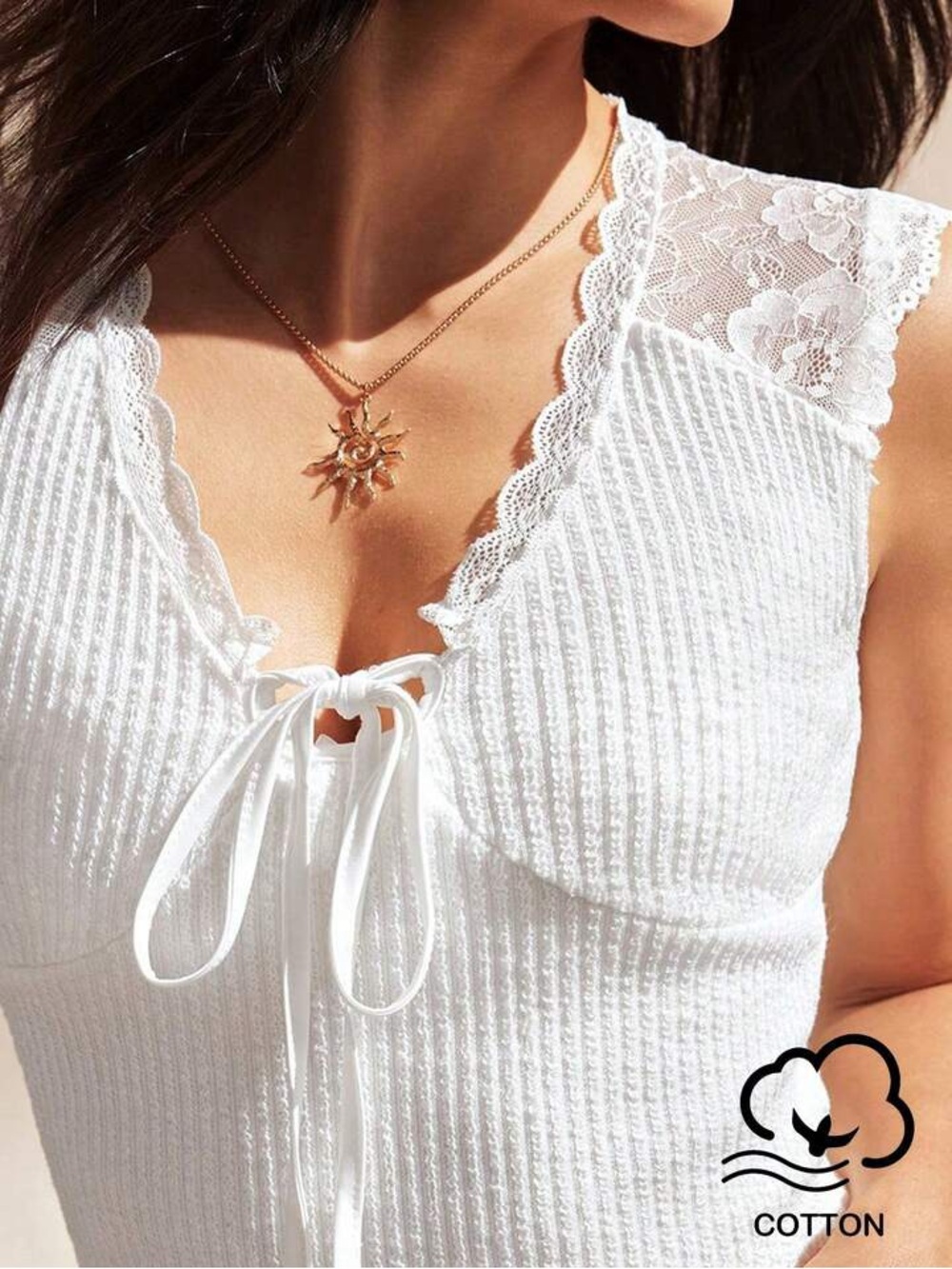 White Ribbed Cotton Lace-Trim Tank with Tie Neck